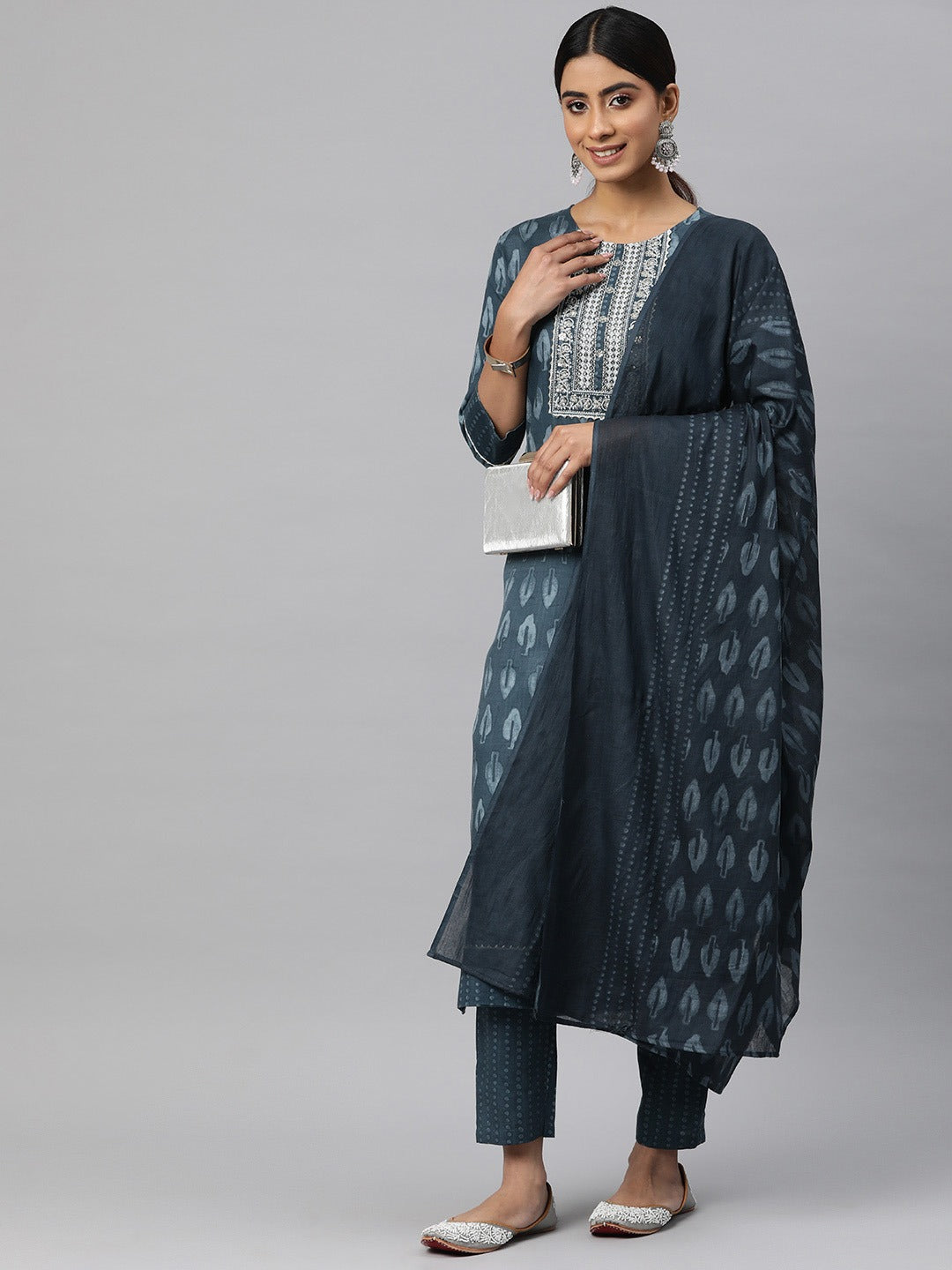 Straight Style Cotton Fabric Grey Color Kurta And Bottom With Dupatta