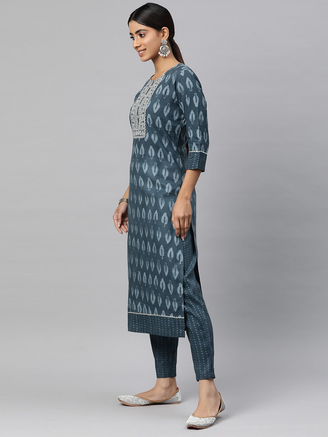 Straight Style Cotton Fabric Grey Color Kurta And Bottom With Dupatta