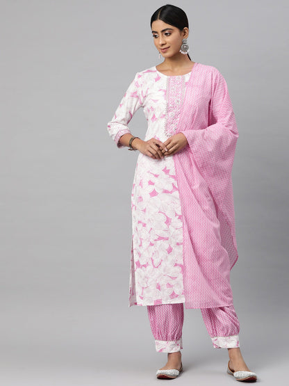 Straight Style Cotton Fabric Pink Color Kurta And Bottom With Dupatta