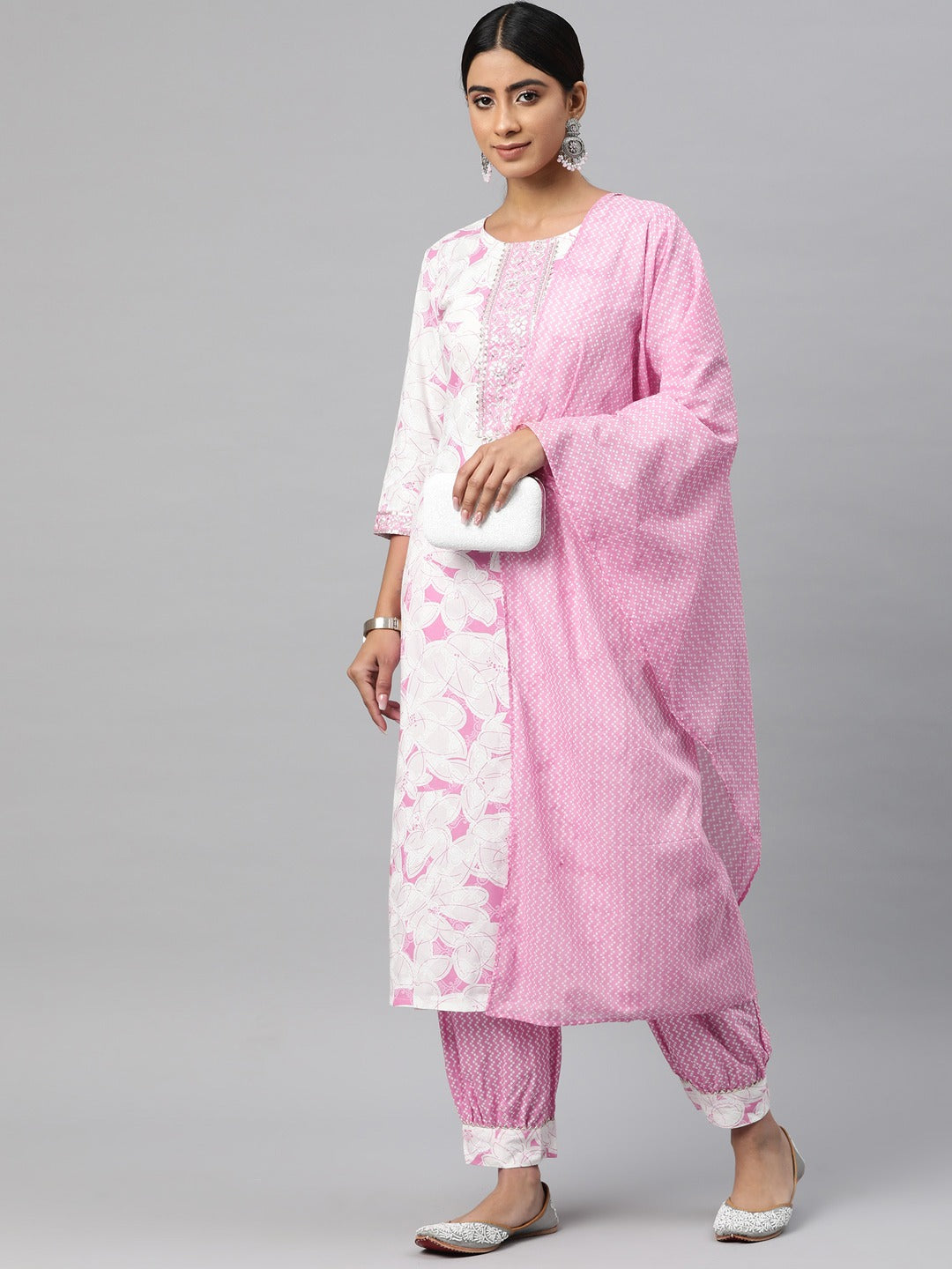 Straight Style Cotton Fabric Pink Color Kurta And Bottom With Dupatta