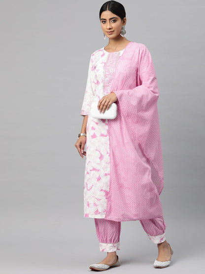 Straight Style Cotton Fabric Pink Color Kurta And Bottom With Dupatta