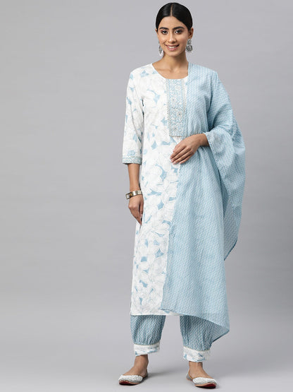 Straight Style Cotton Fabric Blue Color Kurta And Bottom With Dupatta