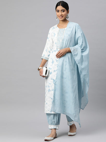 Straight Style Cotton Fabric Blue Color Kurta And Bottom With Dupatta