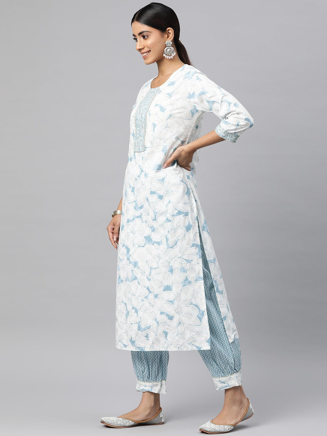 Straight Style Cotton Fabric Blue Color Kurta And Bottom With Dupatta