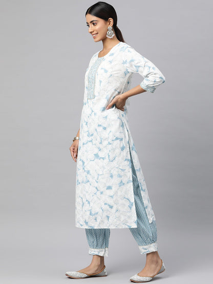 Straight Style Cotton Fabric Blue Color Kurta And Bottom With Dupatta