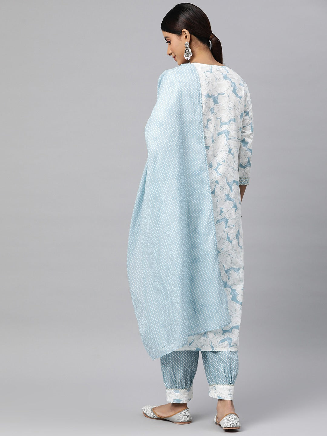 Straight Style Cotton Fabric Blue Color Kurta And Bottom With Dupatta