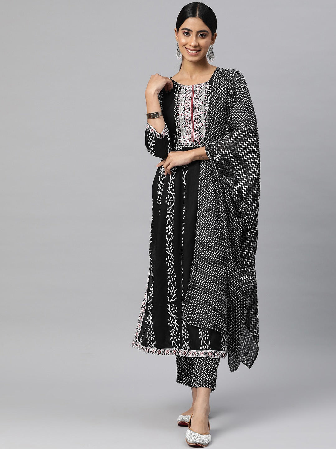 Flared Style Cotton Fabric Black Color Kurta And Bottom With Dupatta