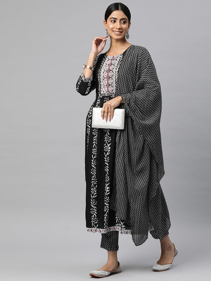 Flared Style Cotton Fabric Black Color Kurta And Bottom With Dupatta