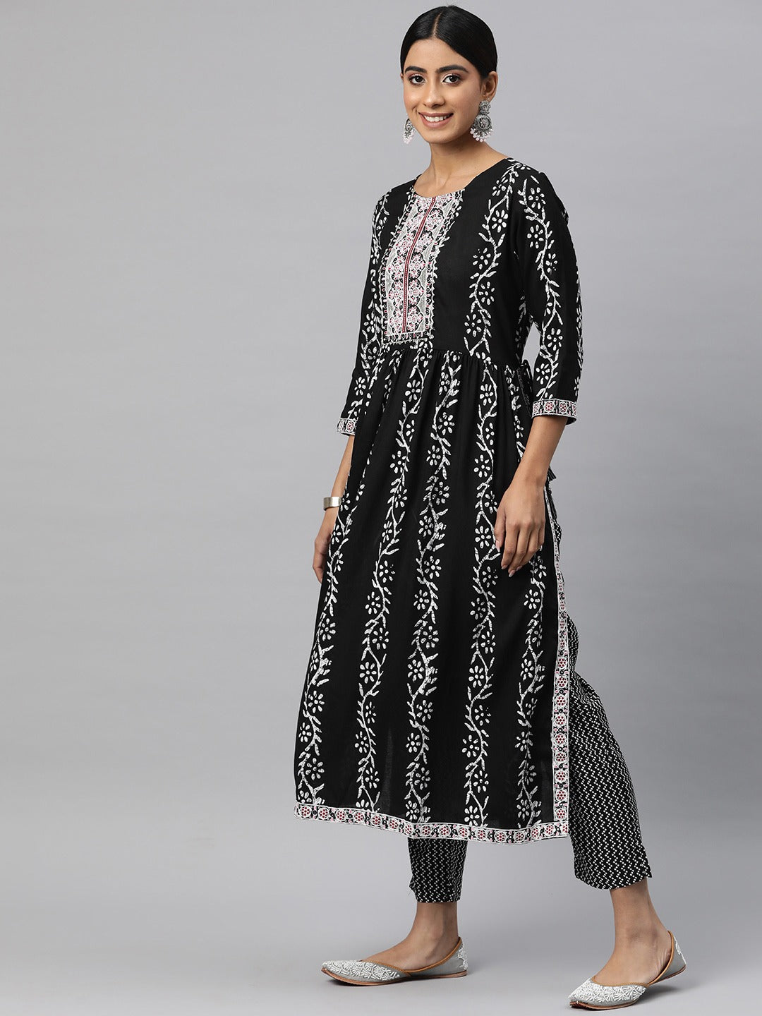 Flared Style Cotton Fabric Black Color Kurta And Bottom With Dupatta