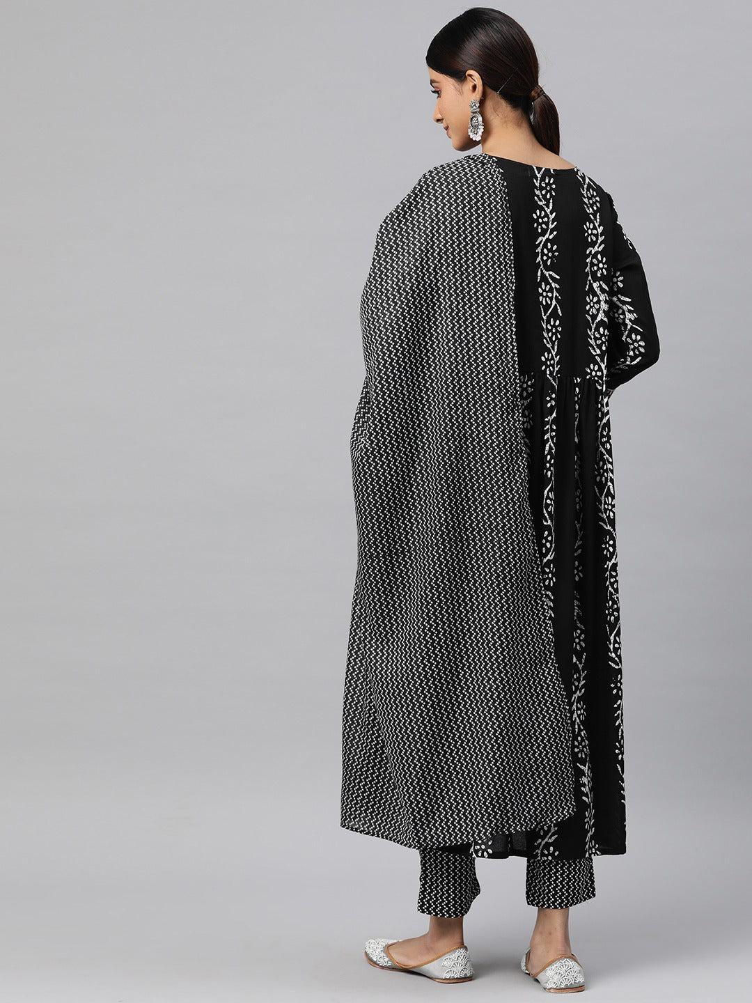 Flared Style Cotton Fabric Black Color Kurta And Bottom With Dupatta