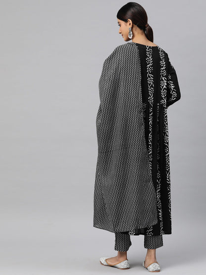 Flared Style Cotton Fabric Black Color Kurta And Bottom With Dupatta