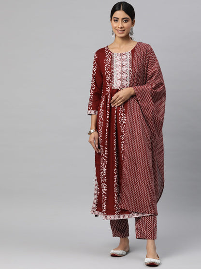 Flared Style Cotton Fabric Maroon Color Kurta And Bottom With Dupatta