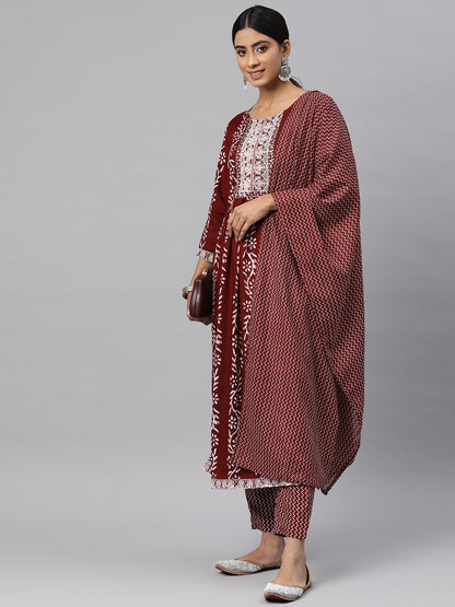 Flared Style Cotton Fabric Maroon Color Kurta And Bottom With Dupatta