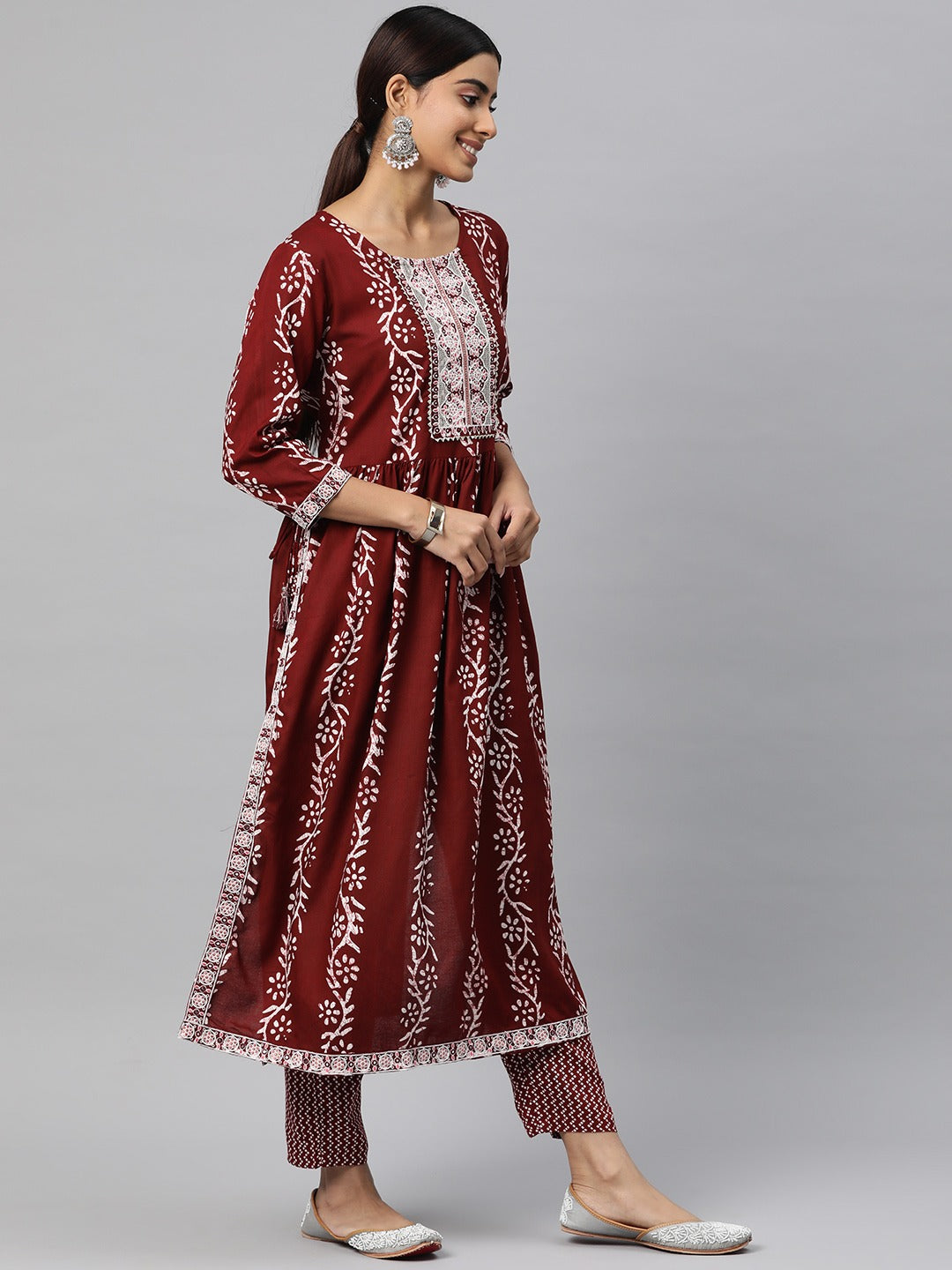 Flared Style Cotton Fabric Maroon Color Kurta And Bottom With Dupatta