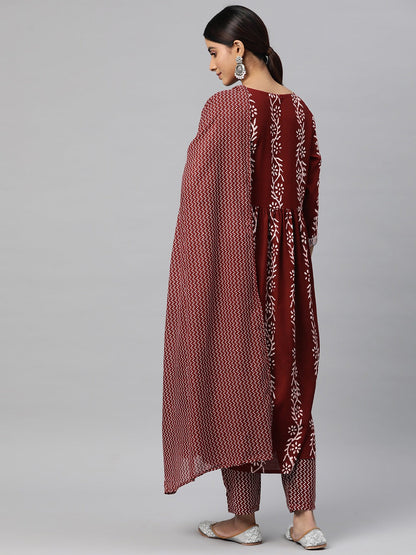 Flared Style Cotton Fabric Maroon Color Kurta And Bottom With Dupatta