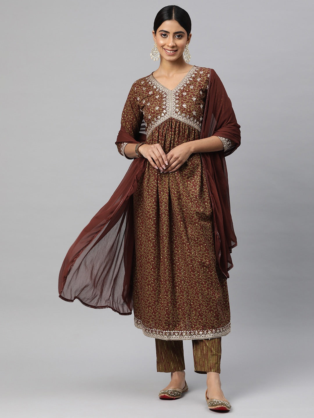 Flared Style Cotton Fabric Brown Color Kurta And Bottom With Dupatta