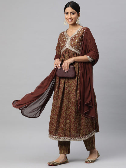 Flared Style Cotton Fabric Brown Color Kurta And Bottom With Dupatta