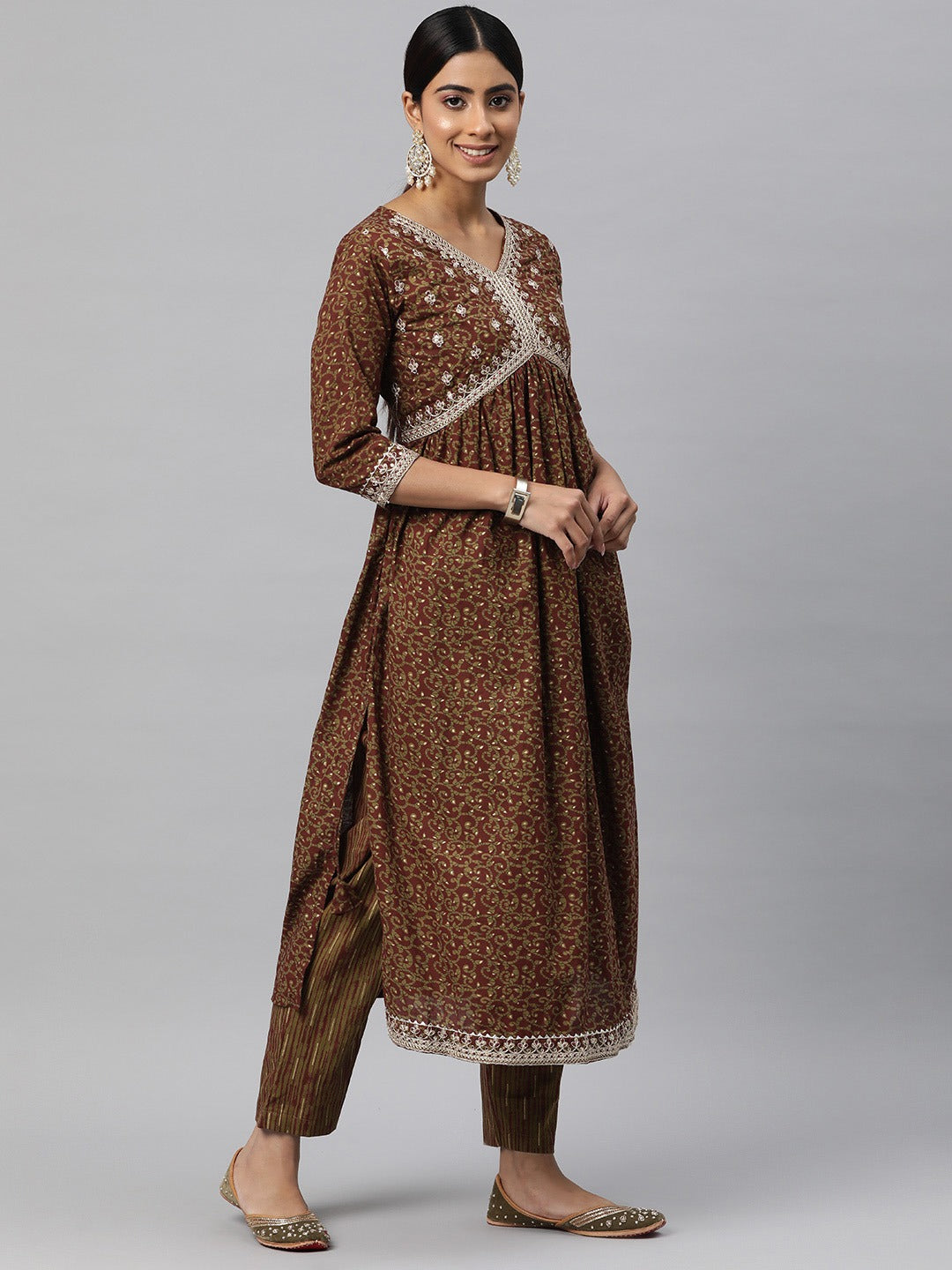 Flared Style Cotton Fabric Brown Color Kurta And Bottom With Dupatta
