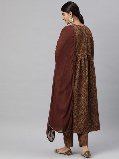 Flared Style Cotton Fabric Brown Color Kurta And Bottom With Dupatta