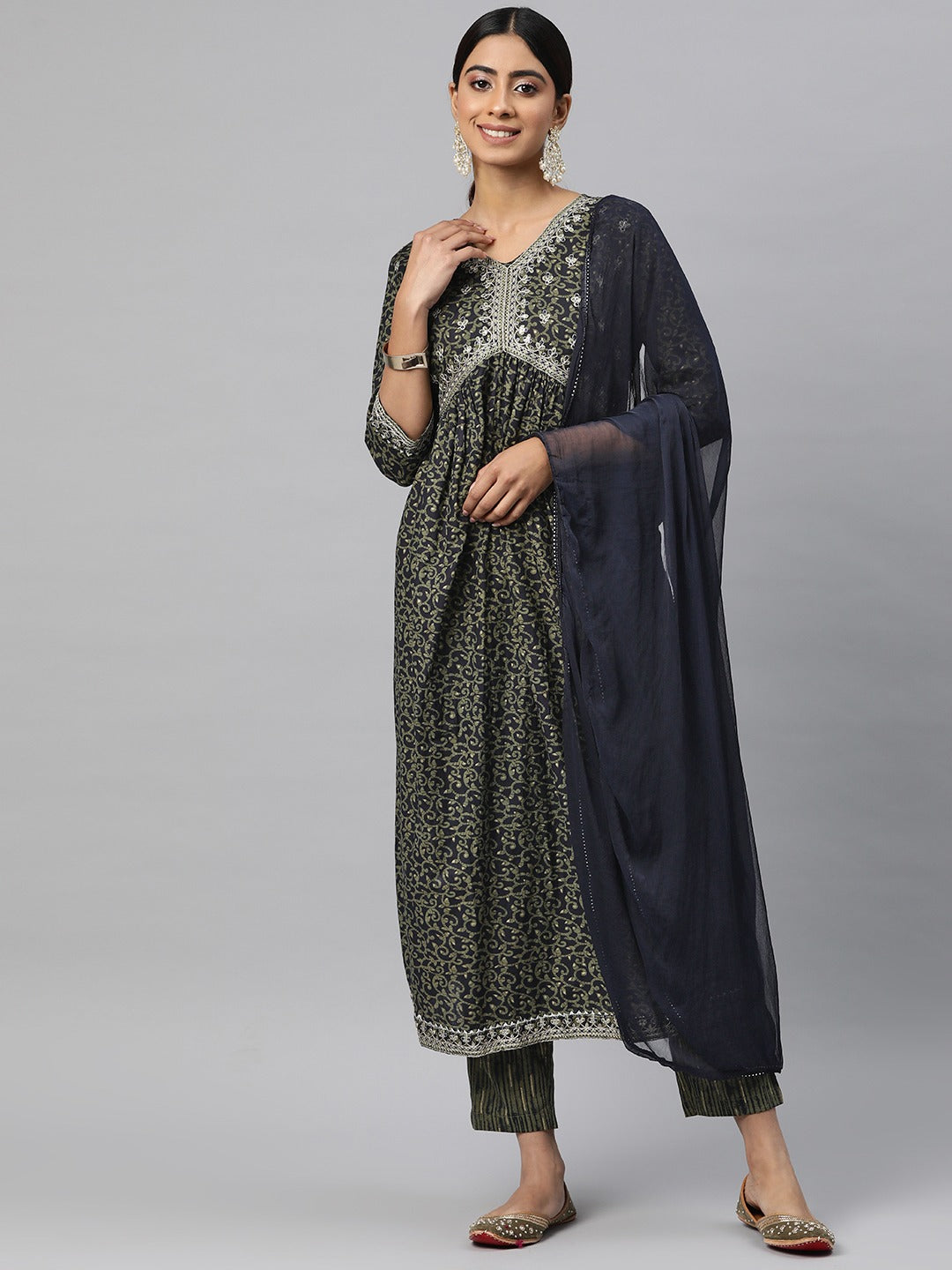 Flared Style Cotton Fabric Navy Blue Color Kurta And Bottom With Dupatta