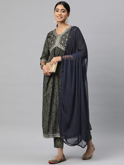 Flared Style Cotton Fabric Navy Blue Color Kurta And Bottom With Dupatta