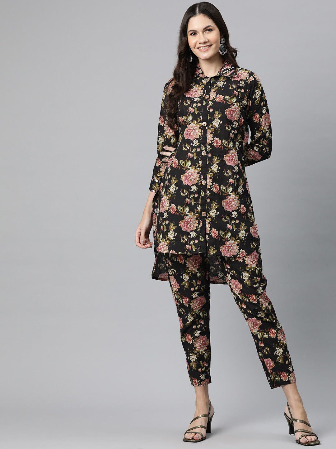 Cotton Floral Curved Kurta With Trouser