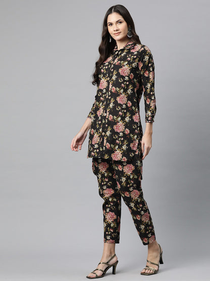 Cotton Floral Curved Kurta With Trouser