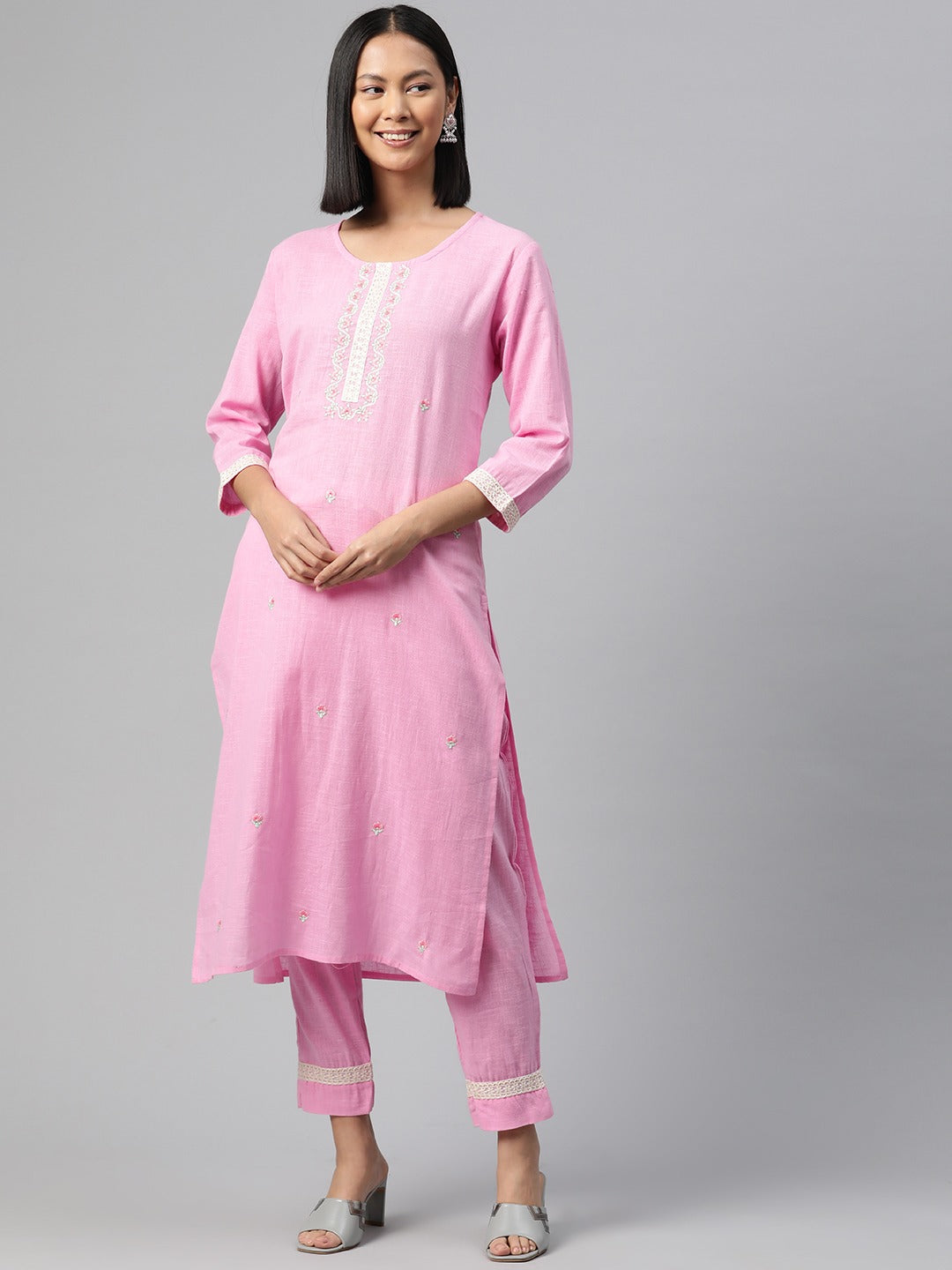 Cotton Embroidered Straight Kurta With Trouser