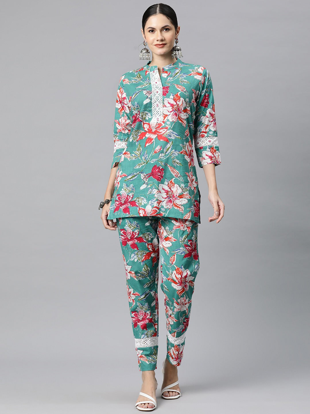 Cotton Floral Straight Kurta With Trouser