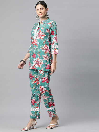 Cotton Floral Straight Kurta With Trouser