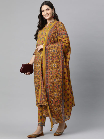 Cotton Floral Straight Kurta Pant And Dupatta