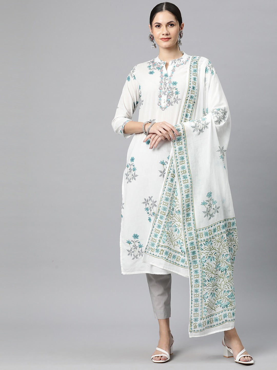 Cotton Floral Straight Kurta Pant And Dupatta