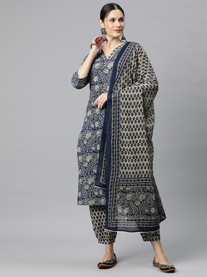 Cotton Floral Straight Kurta Salwar With Dupatta