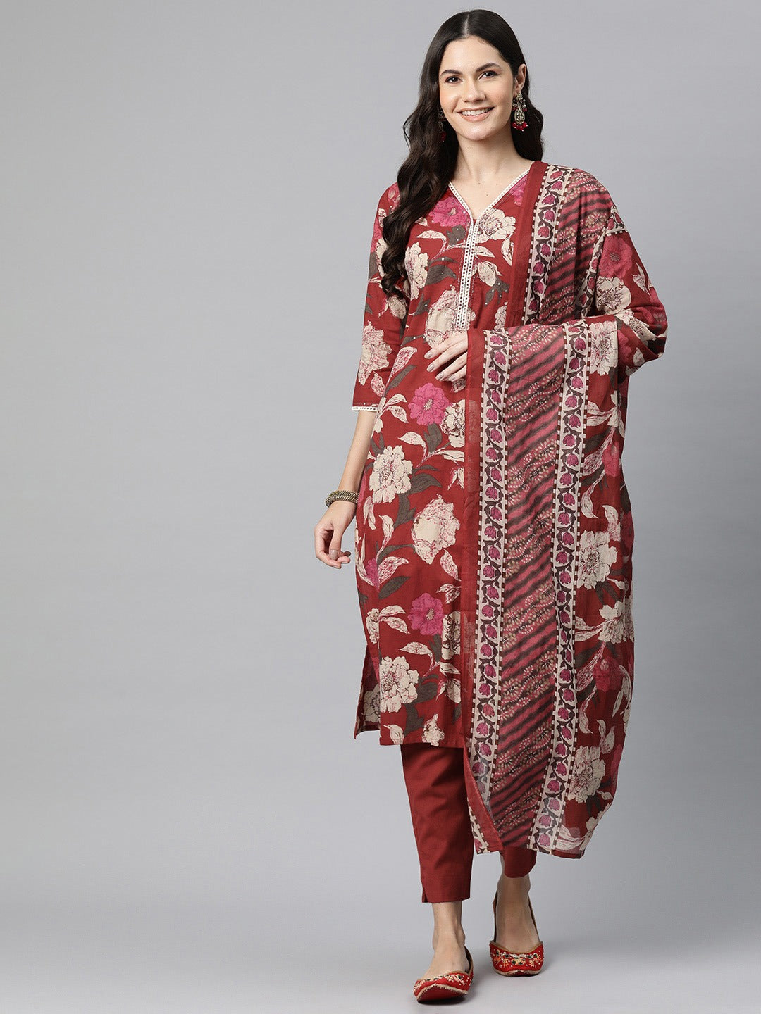 Cotton Floral Straight Kurta Pant And Dupatta