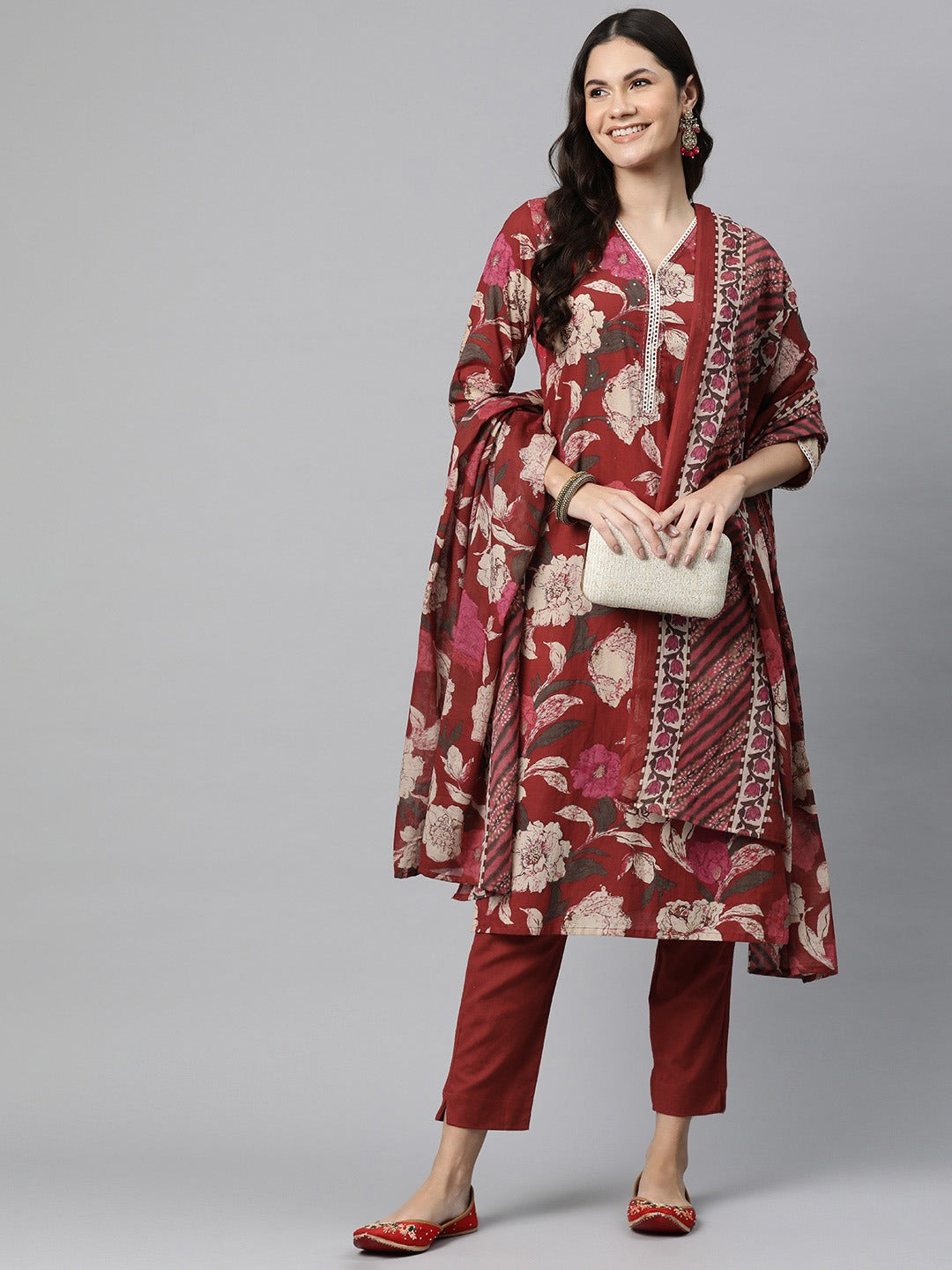 Cotton Floral Straight Kurta Pant And Dupatta