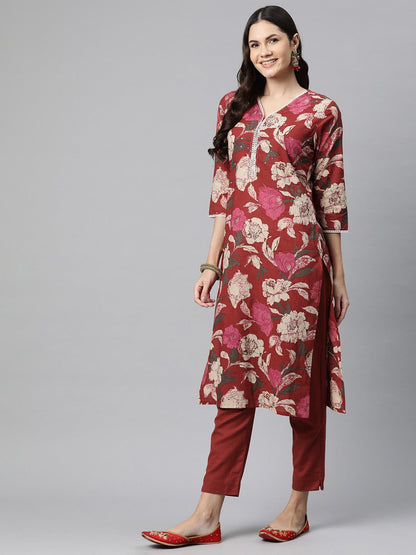 Cotton Floral Straight Kurta Pant And Dupatta