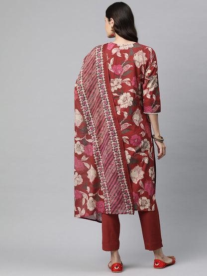 Cotton Floral Straight Kurta Pant And Dupatta