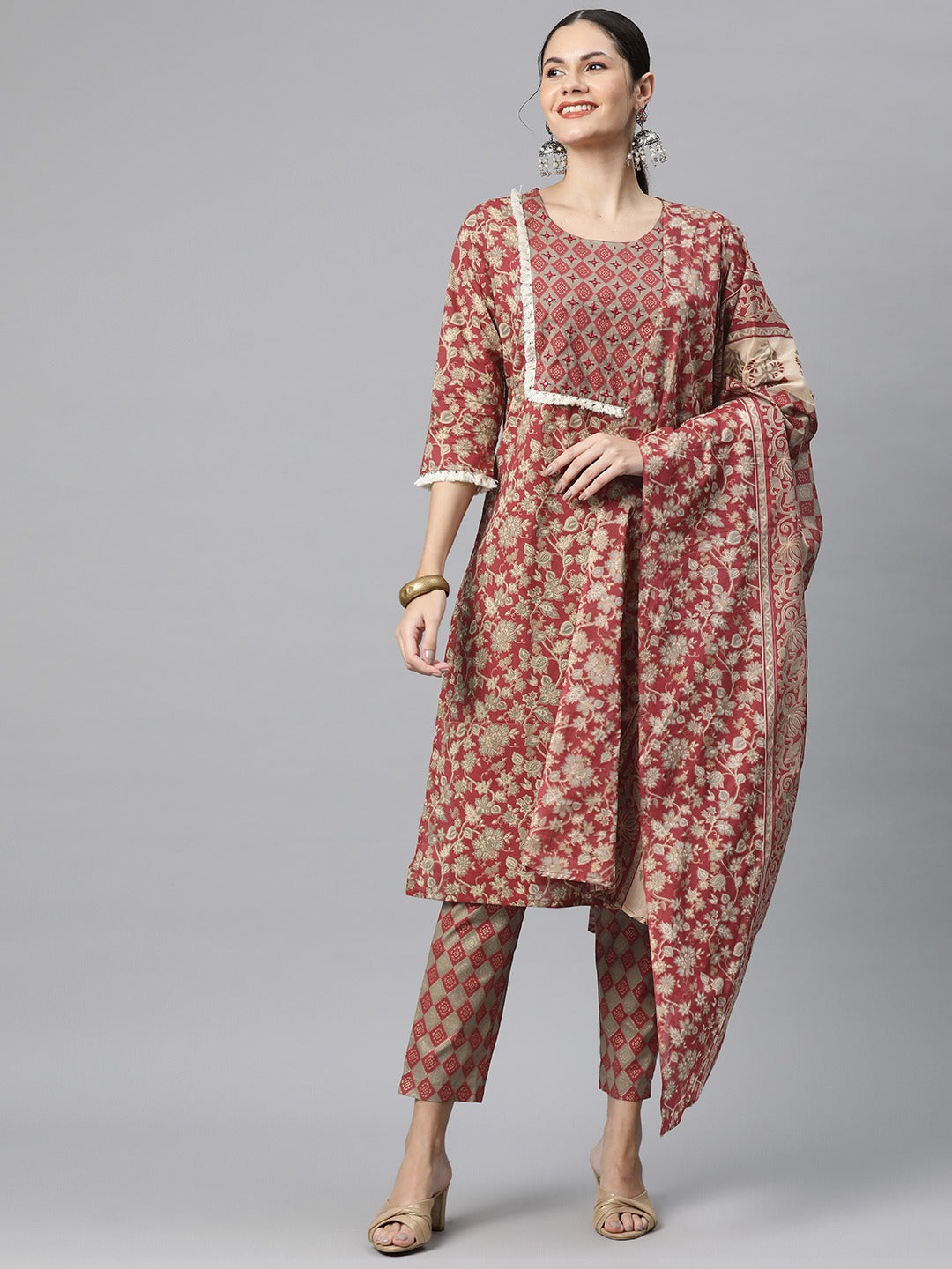 Cotton Foil Print Straight Kurta Pant And Dupatta