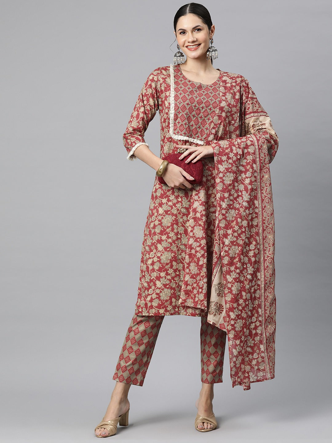Cotton Foil Print Straight Kurta Pant And Dupatta