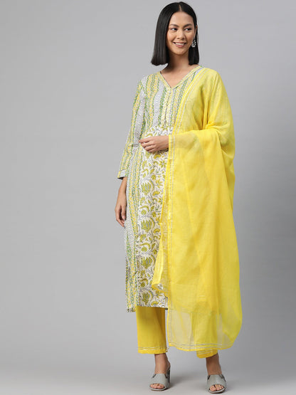 Cotton Floral Straight Kurta Salwar With Dupatta