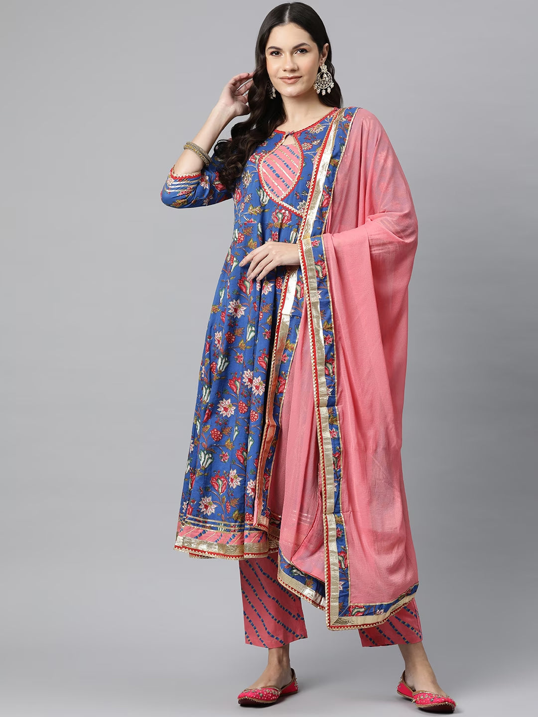 Cotton Floral Anarkali Kurta Salwar With Dupatta