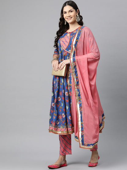 Cotton Floral Anarkali Kurta Salwar With Dupatta