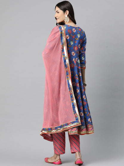 Cotton Floral Anarkali Kurta Salwar With Dupatta