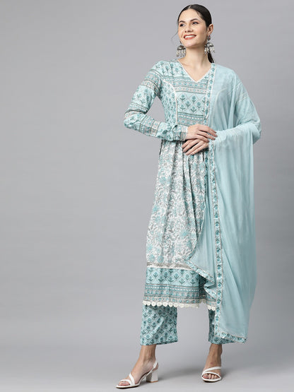 Cotton Floral Anarkali Kurta Salwar With Dupatta
