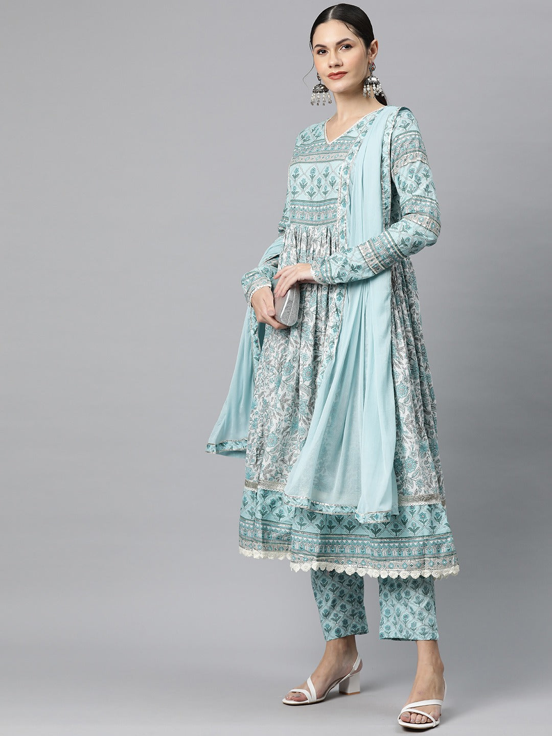 Cotton Floral Anarkali Kurta Salwar With Dupatta