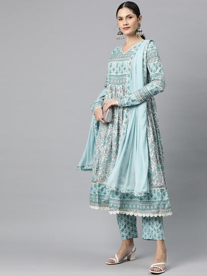Cotton Floral Anarkali Kurta Salwar With Dupatta