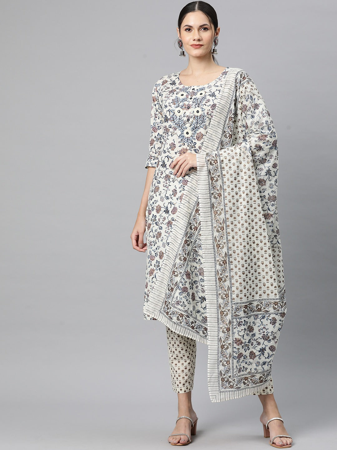 Cotton Floral Straight Kurta Pant And Dupatta