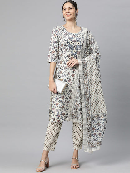 Cotton Floral Straight Kurta Pant And Dupatta