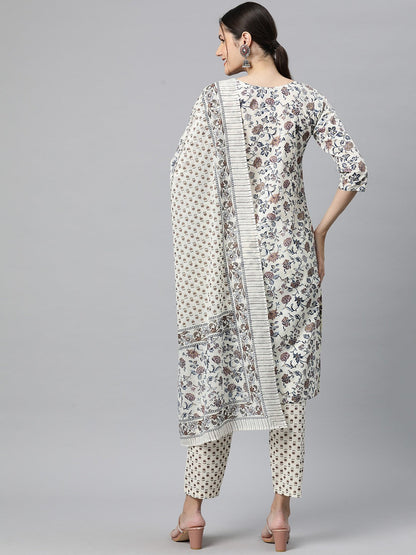 Cotton Floral Straight Kurta Pant And Dupatta