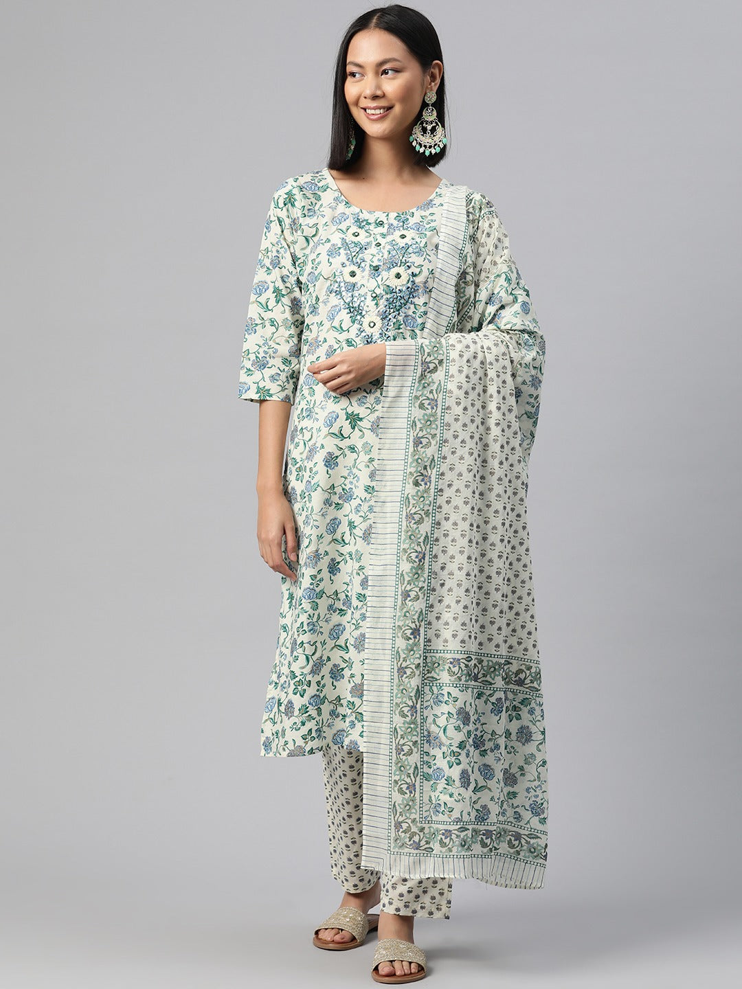 Cotton Floral Straight Kurta Pant And Dupatta